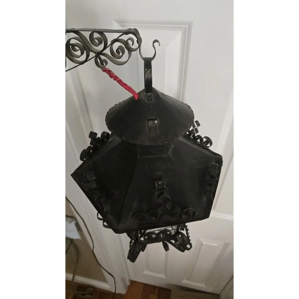 Antique Lantern  Iron Pendant Chandelier Scrolled Glass Gothic Spanish Revival